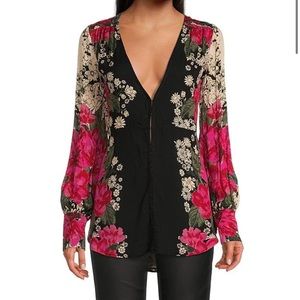 Free People Mikayla Woven Floral Print Plunging V-Neck Long Bishop Sleeve Tunic